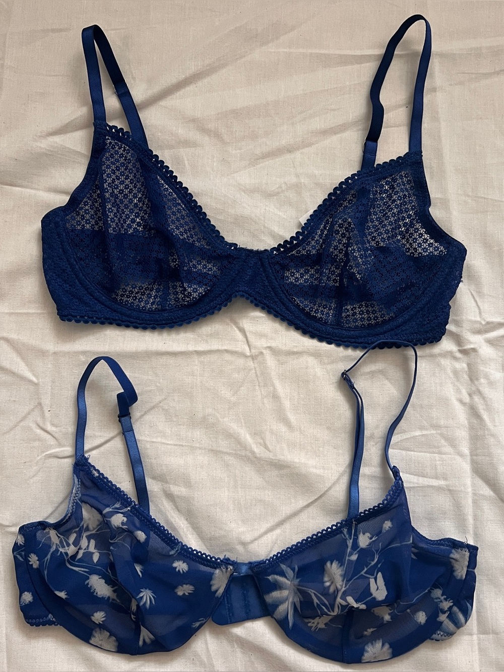 2 Urban Outfitters - Lace Sheer Solid Navy & Blue Floral Underwire Bras 34D